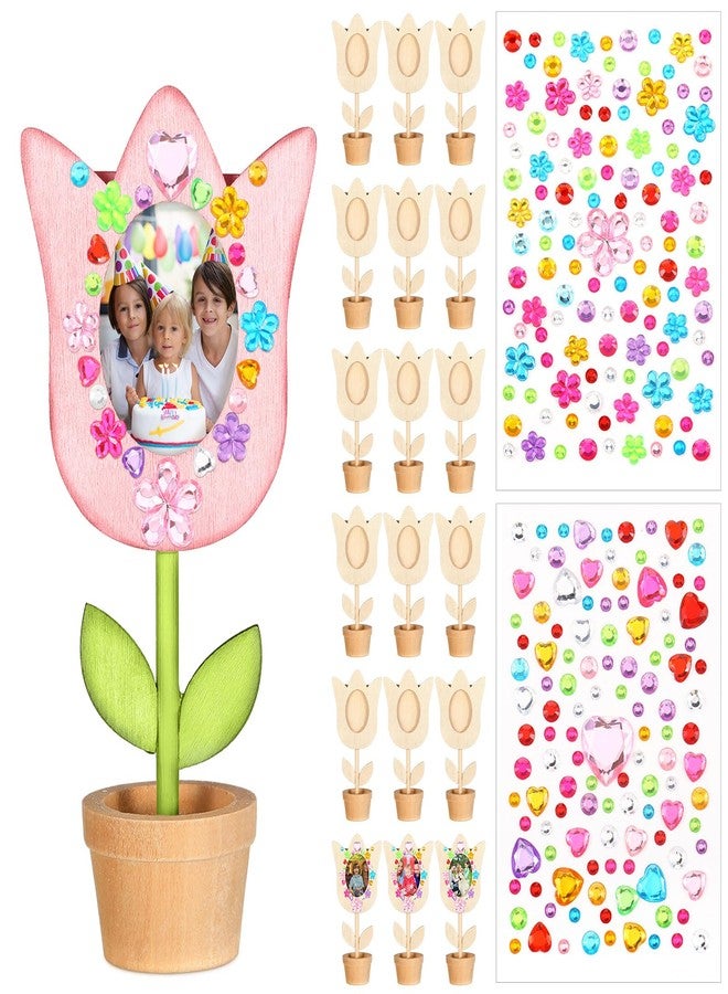 Tellingyou 18 Pcs Mothers Day Crafts Flower Picture Frame Craft Kit Spring Flower Pot DIY Wood Picture Frames with 2 Gems Stickers Gift for Family Kids(Tulip Shape) - Image 1